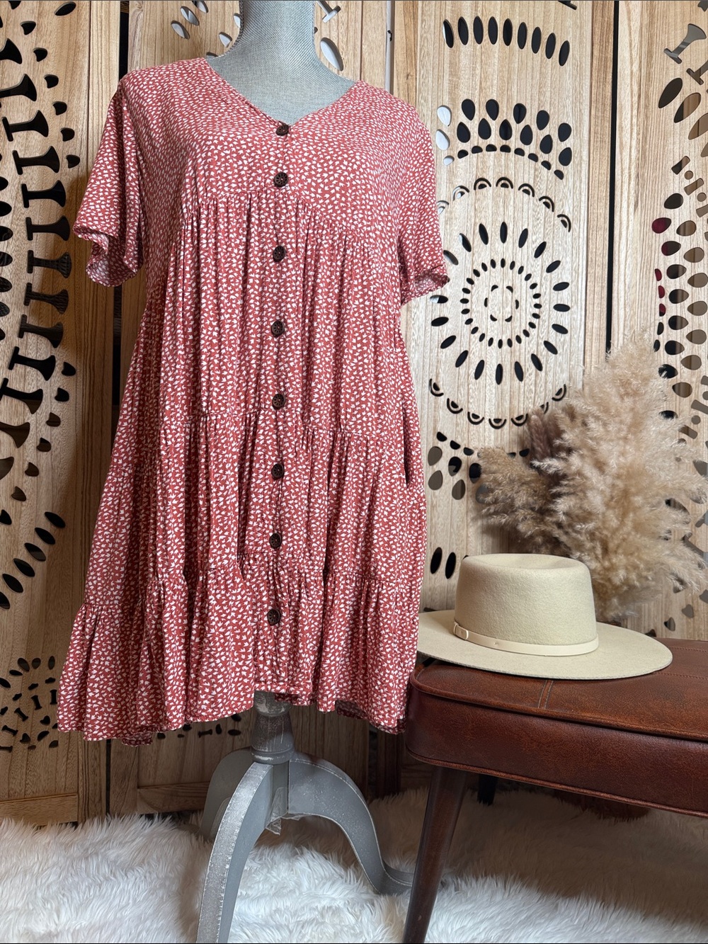Ces Femme Rusty Rose Tiered Button-Front Midi Dress
